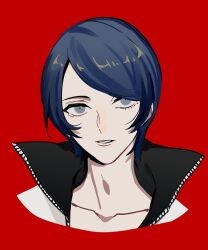 Rule 34 | 1boy, black collar, blue hair, chinese commentary, collar, collarbone, collared jacket, commentary request, cropped shoulders, expressionless, eyelashes, grey eyes, high collar, jacket, kitagawa yuusuke, looking at viewer, male focus, parted lips, persona, persona 5, red background, short hair, simple background, solo, unagi (nakaelric), white jacket, zipper