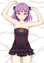 Rule 34 | 1girl, armpits, arms up, bare arms, bare legs, bare shoulders, bed sheet, black dress, blush, clenched hands, collarbone, dress, fate/grand order, fate (series), female focus, hair ribbon, helena blavatsky (fate), legs, lintanghaseo, looking at viewer, lying, neck, on back, open mouth, purple eyes, purple hair, ribbon, sefirot, short dress, short hair, skirt, solo, strapless, strapless dress