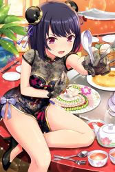 Rule 34 | 1girl, absurdres, alternative girls, bare legs, black dress, black gloves, black hair, breasts, china dress, chinese clothes, chopsticks, cleavage, dress, food, fork, gloves, hand on own chest, highres, holding, holding spoon, indoors, looking at viewer, medium hair, official art, onitsuka chiho, open mouth, plate, red eyes, see-through, see-through cleavage, sitting, solo, spoon, thighs, torn clothes