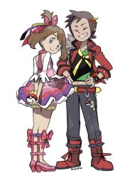 Rule 34 | 1boy, 1girl, black shirt, boots, bracelet, brendan (pokemon), brown hair, closed eyes, closed mouth, commentary, creatures (company), earrings, eyelashes, game freak, grey eyes, grin, hands on own hips, high heels, holding, holding poke ball, jacket, jewelry, may (pokemon), nintendo, open clothes, open jacket, pants, pink footwear, poke ball, poke ball (basic), pokemon, pokemon oras, red footwear, red jacket, rica diaz, shirt, short hair, shorts, signature, skirt, smile, standing, teeth, white background, white shirt