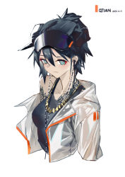 Rule 34 | 1girl, absurdres, artist name, black hair, black tank top, blue eyes, closed mouth, collarbone, commentary, cropped torso, dated, earbuds, earphones, eyeshadow, goggles, goggles on head, hair between eyes, highres, hood, hood down, hooded jacket, horns, jacket, jewelry, light smile, makeup, necklace, original, qtian, red eyeshadow, short hair, simple background, solo, tank top, tattoo, upper body, white background, white jacket