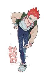 Rule 34 | 1boy, blue eyes, denim, forehead, full body, highres, jacket, jeans, leaning forward, long sleeves, looking at viewer, male focus, mob psycho 100, open clothes, open jacket, pants, red hair, shirt, shoes, short hair, simple background, sneakers, solo, spiked hair, suni, suzuki shou, white background, white shirt