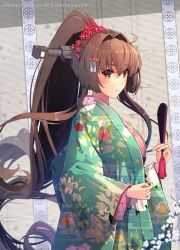 Rule 34 | 1girl, artist name, bad id, bad twitter id, blush, brown eyes, brown hair, floral print, flower, green kimono, hair between eyes, hair flower, hair ornament, highres, himeyamato, japanese clothes, kantai collection, kimono, long hair, long sleeves, ponytail, red flower, solo, twitter username, upper body, very long hair, wide sleeves, yamato (kancolle)