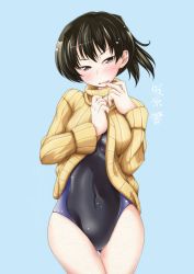Rule 34 | 1girl, amagami, black hair, blush, breasts, character name, competition swimsuit, large breasts, looking at viewer, one-piece swimsuit, open mouth, ponytail, ribbed sweater, short hair, solo, sweater, swimsuit, swimsuit under clothes, tsukahara hibiki, yamada yukihito