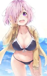 Rule 34 | 1girl, :d, alternate costume, bad id, bad twitter id, bikini, black bikini, breasts, cleavage, fate/grand order, fate (series), gluteal fold, hair over one eye, highres, hood, hooded jacket, hoodie, jacket, large breasts, leaning forward, looking at viewer, mash kyrielight, minikon, navel, open clothes, open hoodie, open jacket, open mouth, outdoors, outstretched hand, pink hair, purple eyes, sleeves past wrists, smile, solo, stomach, swimsuit