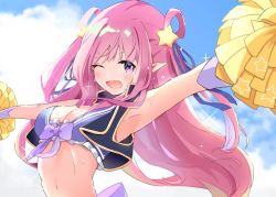 Rule 34 | 1girl, arms up, bikini, black vest, blush, bow, breasts, cheerleader, cleavage, cloud, gloves, hair ornament, hair ribbon, hatsune (princess connect!), holding, long hair, looking at viewer, medium breasts, navel, open mouth, pink hair, pointy ears, pom pom (cheerleading), princess connect!, princess connect!, purple bikini, purple eyes, purple gloves, ribbon, sky, smile, sparkle, standing, star (symbol), star hair ornament, sweat, swimsuit, twintails, upper body, vest, wink