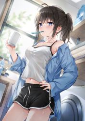 Rule 34 | 1girl, ahoge, armpit crease, bare shoulders, black hair, black shorts, blue eyes, blue shirt, breasts, camisole, collarbone, contrapposto, crop top, crop top overhang, cup, dolphin shorts, drawstring, dress shirt, hand on own hip, higeneko, highres, holding, long hair, long sleeves, looking at viewer, medium breasts, midriff, mouth hold, mug, navel, off shoulder, open clothes, open shirt, original, ponytail, see-through silhouette, shirt, short shorts, shorts, sidelocks, sleeveless, sleeveless shirt, solo, spaghetti strap, standing, thighs, toothbrush, toothbrush in mouth, undershirt, white shirt