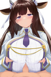 Rule 34 | 1boy, 1girl, animal ears, azur lane, blush, breasts, brown hair, censored, clothed female nude male, clothed sex, cow ears, cow girl, cow horns, criss-cross halter, erection, eyebrows, hair ornament, hair ribbon, halterneck, hetero, highres, horns, huge breasts, kashino (azur lane), long hair, looking at viewer, mosaic censoring, nude, open mouth, paizuri, paizuri under clothes, pen (pen3), penis, purple eyes, ribbon, simple background, solo focus, sweater, upper body
