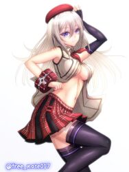 Rule 34 | 1girl, alisa ilinichina amiella, arm up, bare shoulders, beret, black footwear, blue eyes, boots, bracer, breasts, closed mouth, collared shirt, commentary request, cowboy shot, elbow gloves, fingerless gloves, free note017, gloves, god eater, god eater 2: rage burst, grey hair, hair between eyes, hat, long hair, looking at viewer, medium breasts, navel, neckerchief, partially unbuttoned, plaid, plaid skirt, pleated skirt, red hat, red neckerchief, red skirt, shirt, sidelocks, simple background, single elbow glove, single fingerless glove, skindentation, skirt, sleeveless, sleeveless shirt, solo, standing, standing on one leg, stomach, thigh boots, thighhighs, twitter username, underboob, white background, white shirt, zettai ryouiki