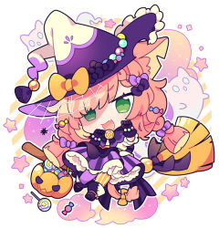 Rule 34 | 1girl, :d, animal ears, asymmetrical legwear, bead bracelet, beads, blunt ends, blush, boots, bow, bracelet, broom, broom ribbon, broom riding, bug, candy, candy hair ornament, cat ears, cat tail, chibi, dress, ear notch, fang, food, food-themed hair ornament, ghost, gloves, green eyes, hair bow, hair ornament, halloween, halloween bucket, hat, hat bell, hat bow, jewelry, koguma105, lollipop, long hair, looking at viewer, low twintails, mismatched legwear, narrowed eyes, neck ribbon, notched ear, open mouth, orange hair, original, pantyhose, patchwork clothes, paw pose, petticoat, pumpkin, ribbon, sidesaddle, silk, smile, solo, spider, spider web, striped clothes, striped dress, striped legwear, striped pantyhose, swirl lollipop, tail, tail bow, tail ornament, twintails, v-shaped eyebrows, vertical-striped clothes, vertical-striped pantyhose, witch, witch hat