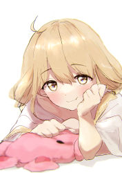 Rule 34 | 1girl, :t, ahoge, blonde hair, blush, futaba anzu, hand on own cheek, hand on own face, highres, idolmaster, idolmaster cinderella girls, light smile, looking at viewer, lying, on stomach, sanpo (sanpo 1027), simple background, solo, stuffed animal, stuffed rabbit, stuffed toy, white background