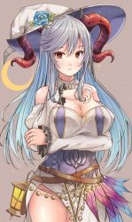 Rule 34 | 1girl, absurdres, alternate costume, arm under breasts, bare shoulders, belt, blue flower, blue hair, blush, breasts, cleavage, commission, commissioner upload, crescent moon, curled horns, detached collar, detached sleeves, dress, fire emblem, fire emblem heroes, flower, freyja (fire emblem), fuussu (21-kazin), goat horns, hair ornament, halloween, hat, highres, horns, lantern, large breasts, large hat, long dress, long hair, looking at viewer, mature female, moon, multicolored hair, multiple belts, nintendo, non-web source, open mouth, puffy sleeves, red eyes, red horns, side slit, simple background, solo, thighs, white dress, witch, witch hat