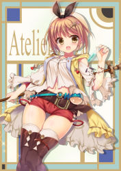 Rule 34 | 1girl, :d, abstract background, arisue tsukasa, atelier (series), atelier ryza, atelier ryza 1, black bow, blouse, blush, bow, brown eyes, brown hair, brown thighhighs, coat, copyright name, cowboy shot, frills, hair ornament, hairclip, hat, hat bow, holding, holding staff, looking at viewer, navel, open mouth, red shorts, reisalin stout, shadow, shiny skin, shirt, short hair, short shorts, shorts, smile, solo, staff, standing, test tube, thigh gap, thighhighs, thighs, white hat, white shirt, yellow coat