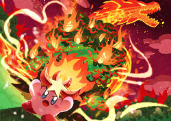 Rule 34 | absurdres, blush stickers, cloud, colored skin, dragon, fire, highres, kirby, kirby&#039;s return to dream land, kirby (series), monster flame, nintendo, no humans, open mouth, pink skin, signature, star (symbol), tree, watawata22