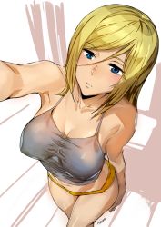 Rule 34 | 1girl, arm up, ashiomi masato, blonde hair, blue eyes, breasts, camisole, collarbone, commentary request, cowboy shot, crossed legs, expressionless, foreshortening, from above, guilty gear, medium breasts, medium hair, midriff, millia rage, navel, nipples, orange panties, panties, parted lips, see-through, shirt, solo, taut clothes, taut shirt, underwear