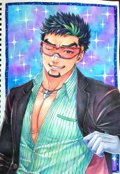 Rule 34 | 1boy, bara, black hair, black jacket, dark-skinned male, dark skin, facial hair, goatee, green hair, highres, jacket, kyoichi (active agent) (live a hero), kyoichi (live a hero), large pectorals, live a hero, male focus, momo (redcomet1104), multicolored hair, muscular, muscular male, official alternate costume, one eye closed, open clothes, open jacket, pectoral cleavage, pectorals, shirt, short hair, sideburns, smug, solo, streaked hair, striped clothes, striped shirt, traditional media, two-tone hair, upper body, whistle, whistle around neck