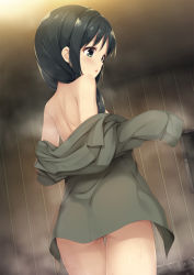 Rule 34 | 1girl, ass, bare shoulders, black hair, blush, chito (shoujo shuumatsu ryokou), commentary request, dutch angle, from behind, green eyes, green jacket, highres, indoors, jacket, long hair, long sleeves, looking away, looking to the side, off shoulder, parted lips, shoujo shuumatsu ryokou, shoulder blades, sleeves past wrists, solo, tomifumi, undressing, wet
