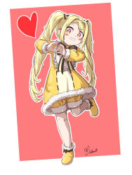 Rule 34 | 1girl, blonde hair, bow, chloe (trickcal), dress, full body, heart, heart hands, highres, long hair, long sleeves, orange eyes, pabenia, pink background, smile, solo, standing, standing on one leg, trickcal, twintails, very long hair, yellow dress, yellow footwear
