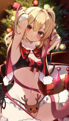 Rule 34 | 1girl, absurdres, arms up, blonde hair, blush, breasts, christmas, christmas ornaments, christmas tree, closed mouth, crystal, flandre scarlet, gloves, hair between eyes, highres, long hair, looking at viewer, navel, one side up, red eyes, red gloves, small breasts, solo, touhou, wings, yuineko