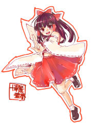 Rule 34 | 1girl, bow, brown hair, character name, detached sleeves, dual wielding, female focus, hair bow, hair tubes, hakurei reimu, holding, ofuda, red eyes, solo, standing, standing on one leg, touhou, usa (artist), usaki (ama), wide sleeves