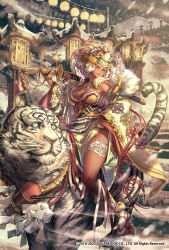 Rule 34 | 1girl, absurdres, animal, bare shoulders, blonde hair, breasts, cleavage, company name, copyright notice, dark-skinned female, dark skin, detached sleeves, dress, green eyes, hair ornament, hair stick, hand on own hip, hand up, highres, holding, holding sword, holding weapon, jewelry, kaburagi yasutaka, katana, large breasts, light smile, lips, long hair, looking afar, multicolored hair, night, official art, outdoors, over shoulder, pink hair, riding, romancing saga, romancing saga re;universe, saga, scabbard, sheath, sheathed, sleeves past wrists, snow, snowing, square enix, strapless, strapless dress, sword, tiger, very long hair, watermark, weapon, weapon over shoulder, white tiger, wide sleeves, wind