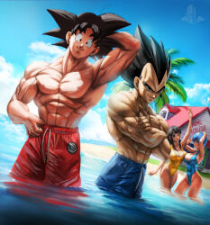 Rule 34 | 2boys, 2girls, absurdres, arm up, armpits, arms up, bad deviantart id, bad id, beach, black eyes, black hair, blue eyes, blue hair, blue male swimwear, blue one-piece swimsuit, blue sky, blue swim trunks, breast press, breasts, bulma, chi-chi (dragon ball), cleavage, closed mouth, cloud, couple, covered erect nipples, covered navel, crossed arms, dragon ball, dragonball z, drawstring, earrings, elite nappa, highleg, highleg swimsuit, highres, house, island, jewelry, kame house, large breasts, legs, long hair, looking at viewer, male swimwear, couple, multiple boys, multiple girls, muscular, muscular male, ocean, one-piece swimsuit, one eye closed, palm tree, red male swimwear, red swim trunks, shiny skin, short hair, sky, smile, smirk, smug, son goku, spiked hair, standing, swim trunks, swimsuit, thighs, topless male, tree, vegeta, water, yellow one-piece swimsuit