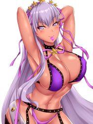 Rule 34 | 1girl, armpits, arms up, bad id, bad pixiv id, bb (fate), bb (fate) (all), bb (swimsuit mooncancer) (fate), bb (swimsuit mooncancer) (second ascension) (fate), belt, bikini, blush, breasts, cleavage, commentary, condom, condom in mouth, condom wrapper, crimecrime, fate/grand order, fate (series), hair ornament, hair ribbon, highres, large breasts, long hair, looking at viewer, mouth hold, navel, purple bikini, purple eyes, purple hair, purple ribbon, ribbon, smile, solo, star (symbol), star hair ornament, swimsuit, tan, very long hair, white background