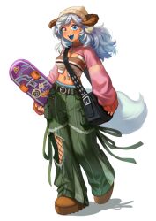 Rule 34 | 1girl, bag, beanie, black bag, blue eyes, blue tongue, breasts, brown footwear, cleavage, colored tongue, green pants, hat, highres, holding, holding skateboard, horns, im hidari mimi, jewelry, long hair, long sleeves, looking at viewer, medium breasts, midriff, necklace, open mouth, original, pants, shadow, shoes, shoulder bag, skateboard, sleeves past wrists, smile, solo, tail, white hair, yellow eyes