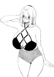 Rule 34 | 1girl, bangs pinned back, bare shoulders, bikini, bikini top only, blush, breasts, cleavage, commission, cowboy shot, criss-cross halter, curvy, folded hair, glasses, greyscale, hair pulled back, halterneck, highres, huge breasts, inne sulistya robin, looking away, midriff, monochrome, no bra, norman maggot, original, revealing clothes, short shorts, shorts, sideboob, simple background, solo, standing, swimsuit, thighs, white background