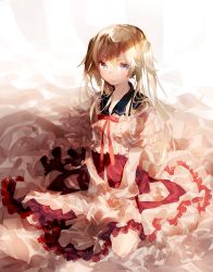 Rule 34 | 10s, 1girl, alternate costume, bad id, bad pixiv id, blonde hair, blue eyes, dress, enu 0426, frilled dress, frilled sleeves, frills, graf zeppelin (kancolle), hair between eyes, highres, kantai collection, long hair, long sleeves, looking at viewer, sailor collar, sidelocks, sitting, solo, twintails