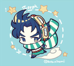 Rule 34 | 1boy, blue background, blue hair, blue shirt, blue wristband, character name, chibi, chibi only, cloud, dotted line, full body, goggles, green pants, jojo no kimyou na bouken, joseph joestar, joseph joestar (young), kotorai, limited palette, male focus, midriff, no nose, pants, scarf, shirt, short hair, solo, striped clothes, striped scarf, twitter username, v-shaped eyebrows