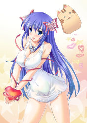 Rule 34 | 1girl, arin, blue eyes, blue hair, breasts, breasts squeezed together, cleavage, covered erect nipples, dress, flower, gift, hair flower, hair ornament, hair ribbon, happy, heart, holding, holding gift, huge breasts, kawase seiki, large breasts, leaning forward, legs, long hair, matching hair/eyes, no panties, open mouth, pangya, papel, ribbon, see-through, smile, solo, thighs
