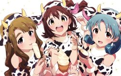 Rule 34 | 3girls, animal print, bare shoulders, blush, bottle, brown eyes, brown hair, commentary, cow horns, cow print, earrings, eating, english commentary, food, from above, fur trim, green hair, hairband, highres, holding, holding food, holding spoon, horns, ice cream, idolmaster, idolmaster million live!, jewelry, kasuga mirai, licking, long hair, looking at viewer, milk bottle, miyao miya, multiple girls, open mouth, popsicle, round teeth, smile, soft serve, spoon, teeth, thick eyebrows, tokugawa matsuri, upper body, wanoji, yellow eyes