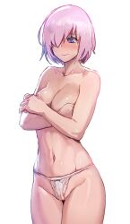 Rule 34 | 1girl, blush, bow (bhp), breasts, cleavage, covering privates, covering breasts, cowboy shot, crossed arms, fate/grand order, fate (series), fundoshi, hair over one eye, japanese clothes, mash kyrielight, medium breasts, navel, purple eyes, purple hair, revision, short hair, simple background, solo, standing, stomach, topless, white background