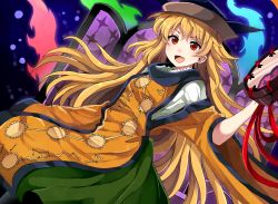 Rule 34 | 1girl, aura, bad id, bad pixiv id, blonde hair, green skirt, hat, holding, holding mirror, long hair, looking at viewer, matara okina, mirror, open mouth, red eyes, sameya, skirt, smile, solo, tabard, touhou, very long hair, wide sleeves