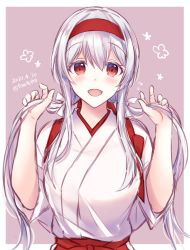 Rule 34 | 1girl, alternate hairstyle, border, brown eyes, commentary request, dated, grey background, hairband, kabocha torute, kantai collection, long hair, looking at viewer, low twintails, shoukaku (kancolle), smile, solo, tasuki, twintails, twitter username, two-tone background, upper body, white border, white hair