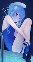 Rule 34 | 1girl, beret, blue hair, blush, commentary, flat chest, hat, hcz n, highres, hololive, hoshimachi suisei, looking at viewer, nail polish, one-piece swimsuit, open mouth, pool ladder, poolside, purple eyes, school swimsuit, shoes, sky, solo, star (sky), star (symbol), star in eye, starry sky, swimsuit, symbol-only commentary, symbol in eye, thigh strap, thighs, twintails, virtual youtuber, white hat