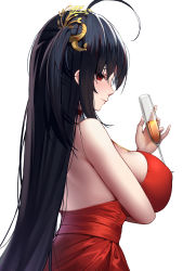 Rule 34 | 1girl, absurdres, ahoge, alcohol, arm under breasts, azur lane, bare shoulders, black hair, blush, breast hold, breasts, champagne, champagne flute, choker, cocktail dress, commentary request, crossed bangs, cup, dress, drinking glass, eyelashes, from side, hair between eyes, hair ornament, highres, large breasts, light smile, long hair, looking at viewer, official alternate costume, one side up, red choker, red dress, red eyes, sidelocks, simple background, skindentation, solo, taihou (azur lane), taihou (forbidden feast) (azur lane), tifaices, very long hair, white background