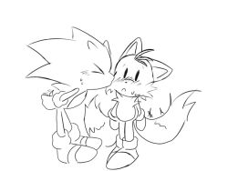 Rule 34 | &gt; &lt;, 2boys, artist request, commentary, couple, flustered, furry, furry male, kiss, kissing cheek, male focus, multiple boys, no humans, simple background, sketch, sonic (series), sonic the hedgehog, spanish commentary, surprise kiss, surprised, tails (sonic), white background, yaoi