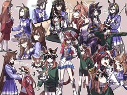 Rule 34 | !?, 6+girls, ^^^, aged down, air groove (umamusume), animal ears, arm up, arrow (projectile), arrow (symbol), beanie, black hair, black shorts, blue eyes, blue gloves, boots, bow, bow (weapon), bowtie, breasts, brown hair, carrying, cheek pinching, chest sarashi, choker, cleavage, closed mouth, collared shirt, drawing bow, epaulettes, flying sweatdrops, gloves, green sweater, grey headwear, hadanugi dousa, hair ornament, hairclip, hand on own hip, hat, highres, holding, holding arrow, holding bow (weapon), holding weapon, horse ears, horse girl, horse tail, jacket, japanese clothes, kimono, korean commentary, korean text, long hair, long sleeves, looking at another, maruzensky (umamusume), medium breasts, mini hat, mini top hat, motion lines, mouth hold, mr. c.b. (umamusume), multicolored hair, multiple girls, multiple views, nakayama festa (umamusume), narita brian (heavenly laughter kaburaya) (umamusume), narita brian (umamusume), open kimono, open mouth, pinching, pink hair, ponytail, purple kimono, purple shirt, purple skirt, red eyes, red jacket, sailor collar, sandals, sarashi, school uniform, shirt, short hair, shorts, shoulder carry, single epaulette, sirius symboli (umamusume), skirt, small breasts, smile, sparkle, spoken character, squatting, stalk in mouth, standing, steering wheel, streaked hair, sweatdrop, sweater, symboli rudolf (umamusume), tail, taisaaa, thumbs up, tokai teio (umamusume), top hat, tracen school uniform, track jacket, translation request, tsurumaru tsuyoshi (umamusume), umamusume, w, weapon, white footwear, white shirt, white skirt, yellow eyes, | |