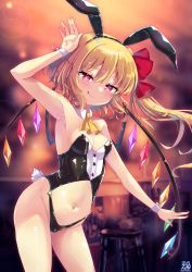 Rule 34 | 1girl, :q, absurdres, animal ears, arm up, armpits, blonde hair, breasts, cowboy shot, detached collar, fake animal ears, flandre scarlet, highleg, highres, konnoinari, leotard, navel, playboy bunny, rabbit ears, rabbit tail, solo, tail, tongue, tongue out, touhou, wings, wrist cuffs