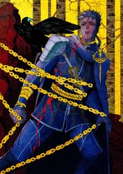 Rule 34 | 1boy, absurdres, alternate costume, armor, bird, blood, blood on face, blue cape, blue hair, blue jacket, blue pants, bracelet, cape, celtic knot, chain, crow, cu chulainn (fate), cu chulainn (fate/stay night), earrings, fate/stay night, fate (series), fi-n-ona, highres, jacket, jewelry, long hair, long sleeves, male focus, pants, pauldrons, ponytail, red eyes, shoulder armor, single pauldron, spiked hair