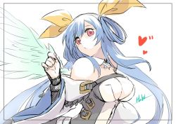 Rule 34 | 1girl, angel wings, artist name, bare shoulders, belt, blue hair, border, breasts, cleavage, detached collar, detached sleeves, dizzy (guilty gear), guilty gear, guilty gear xrd, hair ribbon, hair rings, head tilt, heart, huki, large breasts, long hair, looking at viewer, monster girl, red eyes, ribbon, sidelocks, single wing, sketch, solo, twintails, upper body, wings, yellow ribbon
