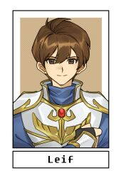 Rule 34 | 1boy, armor, blue shirt, breastplate, brown eyes, brown hair, commentary request, fire emblem, fire emblem: genealogy of the holy war, leif (fire emblem), looking at viewer, male focus, nintendo, shirt, short hair, shoulder armor, silvercandy gum, smile, solo, upper body