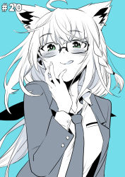 Rule 34 | 1girl, ahoge, animal ear fluff, animal ears, aqua theme, blazer, blush, bow, braid, collared shirt, commentary request, earrings, extra ears, fox ears, fox girl, glasses, hair between eyes, hair bow, hand on own cheek, hand on own face, hololive, hololive gamers, jacket, jewelry, kurose kousuke, licking lips, long hair, long sleeves, looking at viewer, monochrome, necktie, shirakami fubuki, shirt, sidelocks, simple background, single braid, solo, tongue, tongue out, virtual youtuber