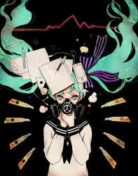 Rule 34 | 1girl, air bubble, aqua eyes, aqua hair, black background, bow, bubble, cardiogram, cellphone, clona, commentary request, earphones, floating hair, gas mask, hair bow, hands on own neck, hatsune miku, knife, looking at viewer, mask, necktie, own hands together, paper, pen, pencil, phone, school uniform, serafuku, sidelocks, simple background, smartphone, solo, twintails, upper body, vocaloid