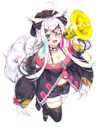 Rule 34 | 1girl, ahoge, animal ear fluff, animal ears, aqua eyes, belt, black belt, black footwear, black hat, black jacket, boots, braid, breasts, candy, cleavage, fang, food, grey hair, hair between eyes, hair ornament, hat, highres, holding, holding candy, holding food, holding lollipop, holding megaphone, jacket, large breasts, lollipop, long hair, looking at viewer, megaphone, midriff, navel, off shoulder, one eye closed, open clothes, open jacket, open mouth, original, rozea (graphmelt), shorts, sidelocks, simple background, solo, tail, thigh boots, very long hair, white background