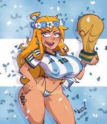 Rule 34 | 1girl, 2022 fifa world cup, absurdres, argentina, argentinian flag, argentinian flag print, bikini, bikini under clothes, breasts, covered erect nipples, crop top, curvy, flag print, flower, hand on own hip, highres, jersey, large breasts, lips, long hair, looking at viewer, nami (one piece), noctz, noctzart, one piece, open mouth, orange hair, shiny skin, smile, soccer, solo, swimsuit, teeth, thong, thong bikini, tongue, trophy, very long hair, wide hips, world cup