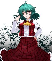 Rule 34 | 1girl, breasts, dress, green hair, highres, kazami yuuka, large breasts, long sleeves, open clothes, open vest, red dress, red eyes, rihito (usazukin), solo, touhou, vest