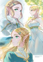 Rule 34 | 1girl, bare arms, bare shoulders, belt, braid, breasts, closed mouth, commentary request, dress, fur collar, green shirt, highres, large breasts, long hair, looking at viewer, looking away, multiple views, neck ribbon, nintendo, outdoors, parted bangs, parted lips, pointy ears, princess zelda, profile, ribbon, seri (yuukasakura), shirt, smile, the legend of zelda, the legend of zelda: breath of the wild, tree, watermark, white dress